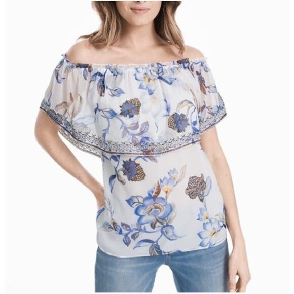 WHITE HOUSE BLACK MARKET White Blue Floral Off-Shoulder Beaded Boho Top Size XXS - Picture 1 of 16